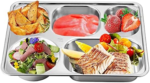Set of 2 Stainless Steel Divided Plates Tray Rectangular 5 Sections