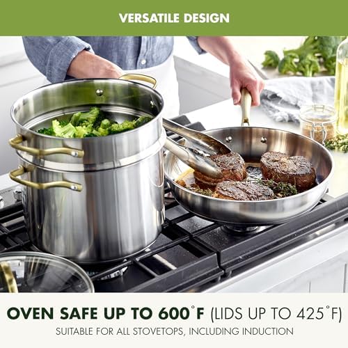 GreenPan Stainless Steel Cookware Set, 11 Piece, Induction Cookware, Dishwasher Safe, Oven Safe to 600F, Large 8QT Stock Pot, Sauce, Saute, Frying Pans, Pots & Pans Kitchen Essentials, Gold