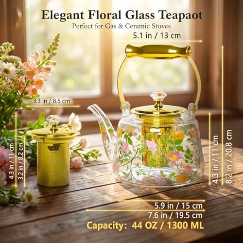 44 oz Borosilicate Glass Stovetop Teapot with Infuser