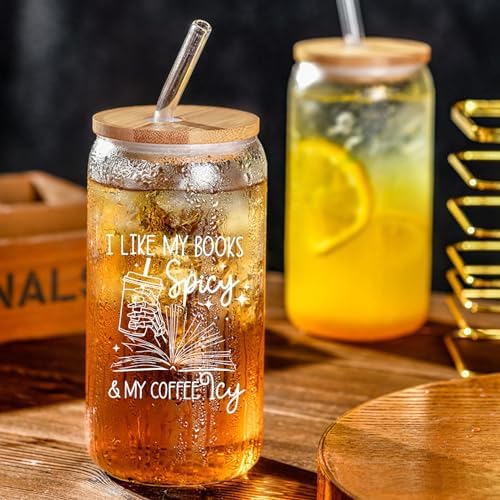 Book Lovers Gifts Idea, 16 oz Cute Glass Cups with Lids and Straws