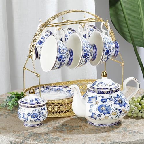 fanquare Porcelain Tea Sets,Blue British Coffee Cups& Saucer Service