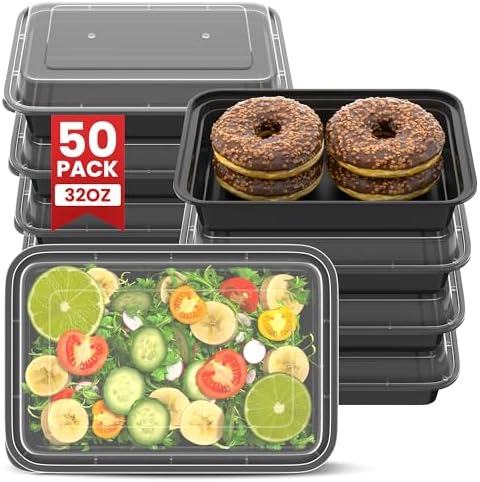 32oz Meal Prep Containers [50-Pack], Reusable Bento Box with Easy-Snap