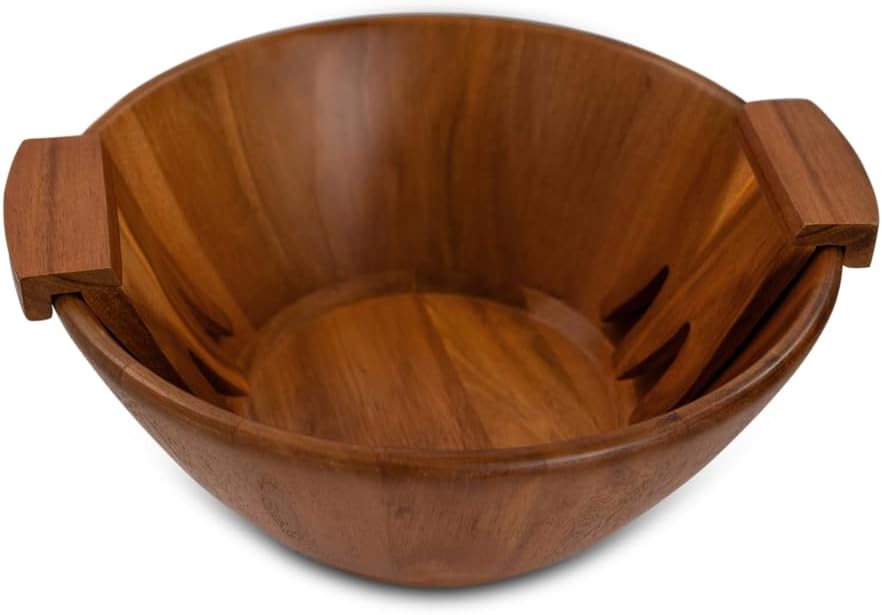 Acacia Wood Salad Serving Bowl Set – Large Wooden Bowl with Forks for
