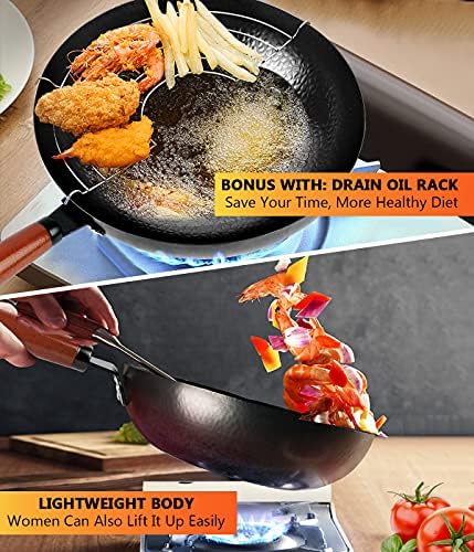 14 Piece Carbon Steel Wok Pan, Woks & Stir-Fry Pans Set with Wooden