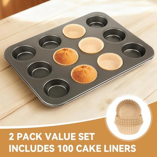 Artcochan 2 Pack Muffin Pan with 100 Cupcake Liners, 12 Cup Nonstick
