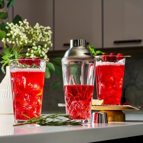 Glass Cocktail Shaker, Martini Shaker with Stainless Steel Lid &