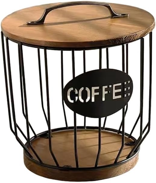 Coffee Pod Basket Holder - Large Capacity Black with Wood Lid