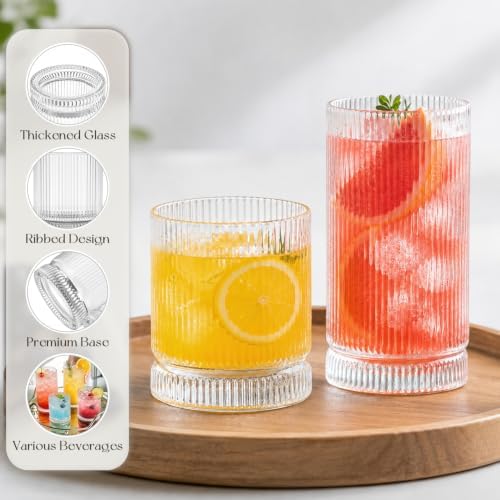 KEMORELA Ribbed Glassware Set of 8—4 Large Capacity Highball Glasses