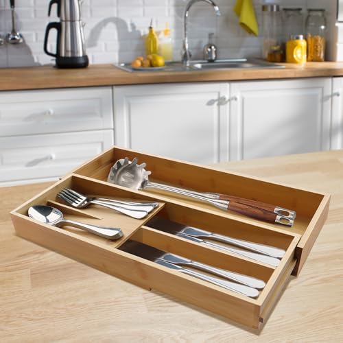 guiogc Expandable Bamboo Kitchen Drawer Organizer