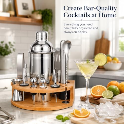 Cocktail Shaker Set with Bamboo Stand, 12-Piece 25oz Stainless Steel