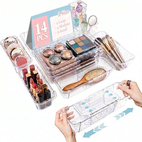 14 Pcs Expandable Clear Drawer Organizers, 3-Size Adjustable Storage