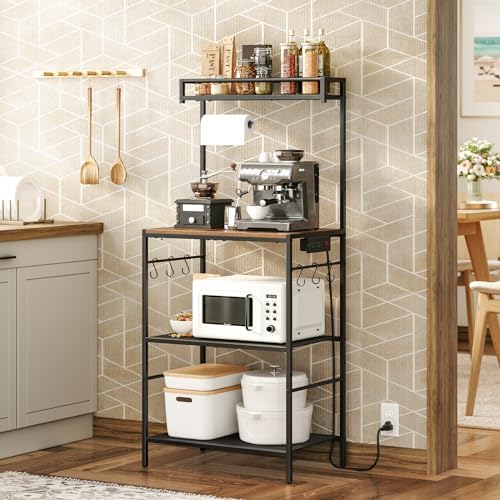 MAHANCRIS Bakers Rack with Power Outlet, Rustic Brown and Black