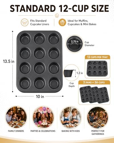 Cupcake Pan, 3 Pack 12-Cup Cupcake Tray Cupcake Tins Muffin Tins