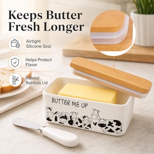 Porcelain Butter Dish with Lid, Natural Bamboo Lid, Seal, Cow Butter