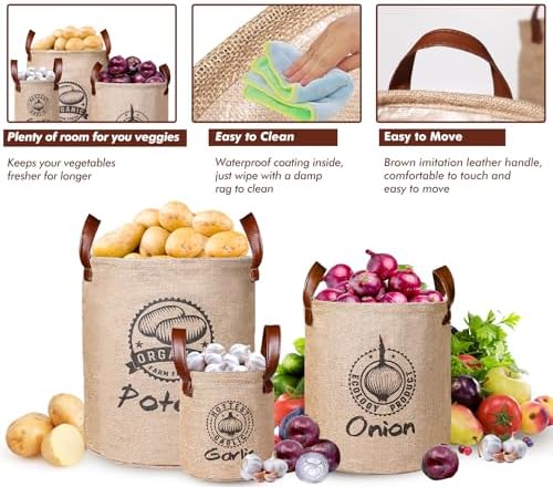 Kamehame Potato and Onion Storage Baskets Pack of 3, Lined Burlap