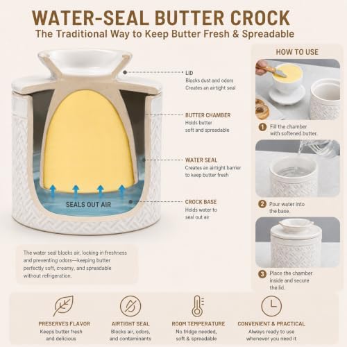 Butter Crock with Lid,Ceramic Butter Keeper for Countertop,Water Seal