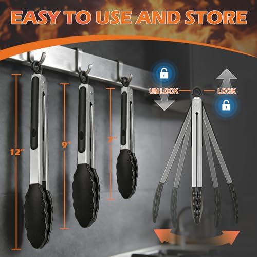 TACGEA Kitchen Tongs, Set of 3, 7", 9" and 12"