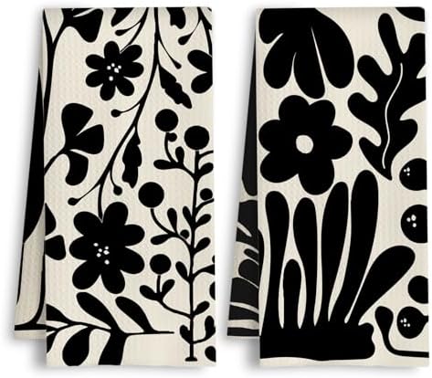 ArtisaEura Boho Abstract Retro Black Floral Kitchen Towels, Mid