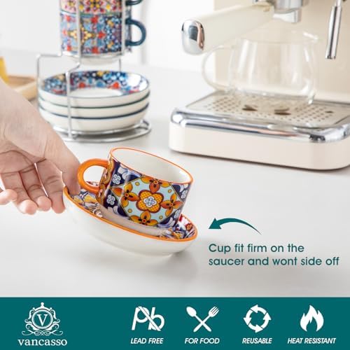 vancasso 4 Oz Bohemian Espresso Cup Set of 4, Ceramic with Saucers