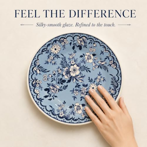 TUDOR ROYAL 12-Piece Porcelain Round Dinnerware Set, Service for 4, MING FLOWER Design, Blue Floral, Plates Bowls Dishes, Premium Quality Tableware, Unique Pattern, Glossy
