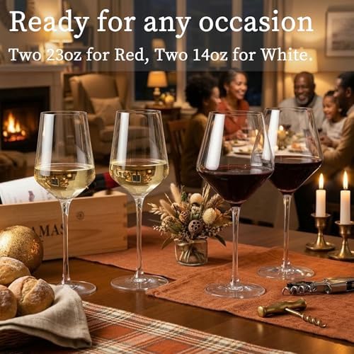 Physkoa Wine Glass Set of 4 – 2 Red (23oz) & 2 White (14oz) Hand-Blown