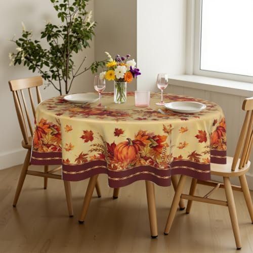 Sweetshow Fall Round Tablecloth 60 Inch, Autumn Thanksgiving Table
