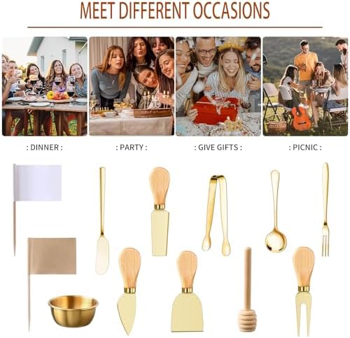 48 Pcs Charcuterie Boards Accessories Butter Spreader Knives Set Stainless Steel Cheese Mini Serving Tongs Spoons Forks Dipping Bowls Toothpick Flags Utensils for Pastry Making Wedding Christmas(Gold)