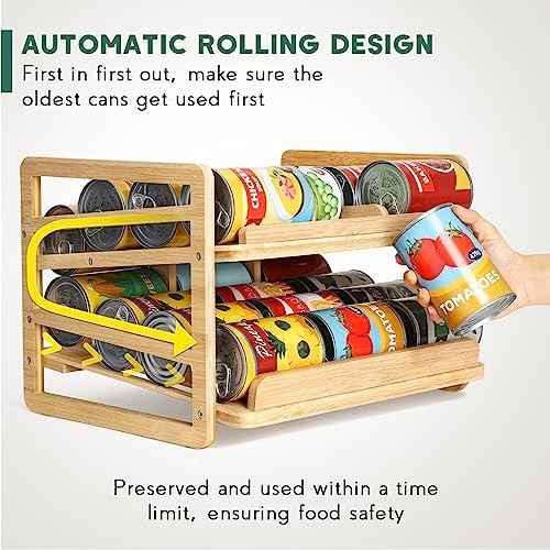 Yumkfoi Rolling Bamboo Can Organizer Rack, Stackable Can Storage