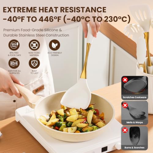 7 Pcs Silicone Spatula Cooking Utensils Set, White Gold
