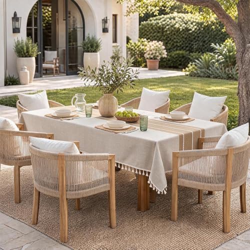Tablecloth Rectangle Linen Style Fabric, 55" x 75" Coffee Lines