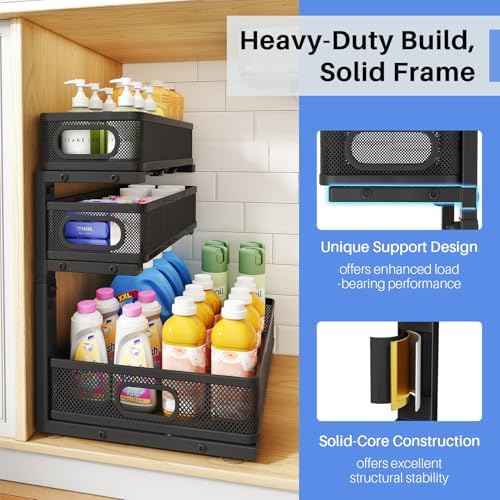 Under Sink Organizer, 3-Tier Thickened Metal Pull out Cabinet Organizer Shelf, Height Adjustable Slide out Storage Drawer Rack for Kitchen Bathroom Pantry Laundry Home Organization, 2-Pack, Black