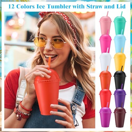 Hsei 24 Pack Glitter Plastic Cups with Dome Lids Straws 16 oz Reusable
