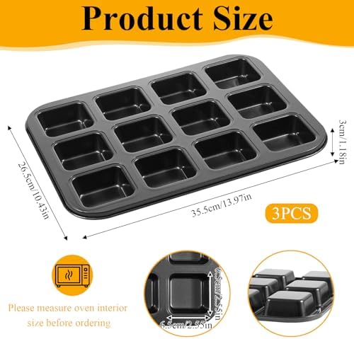 3 Pack Brownie Pan with Dividers, 12-Cavity Non-stick Square Mini