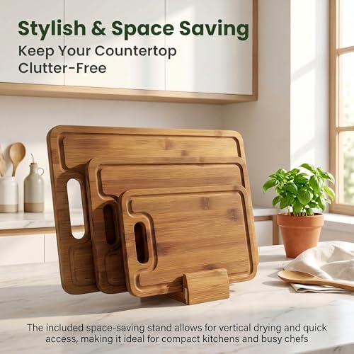 Bamboo Cutting Board Set with Holder, 3 Piece Carbonized Wood Chopping