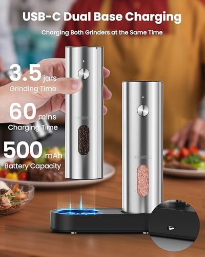 Rechargeable Electric Salt and Pepper Grinder Set, Charging Base