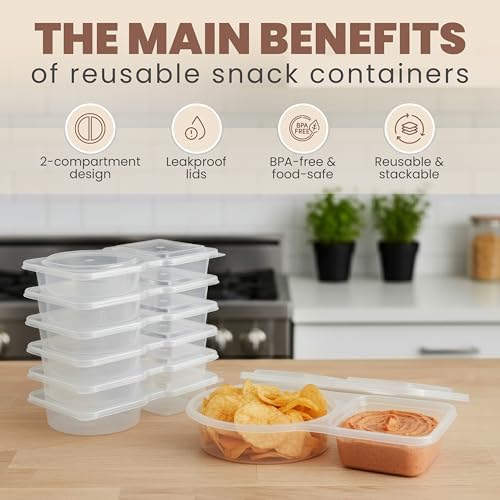 Reusable Snack Containers with Lids 30 Pack – 2 Compartment Portion