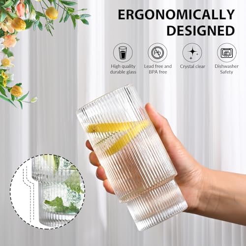 16OZ Ribbed Glass Cups with Lids and Straws,Iced Coffee Cups with