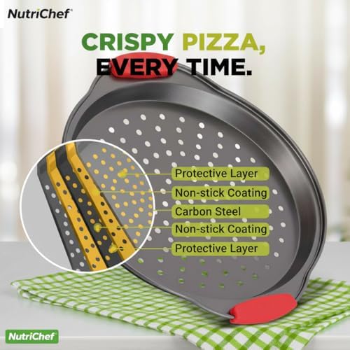 NutriChef 3-Piece Pizza Tray Set with Silicone Handles - Round