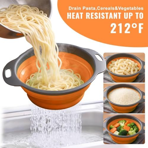2-Pack Collapsible Silicone Colander with Handle, Orange