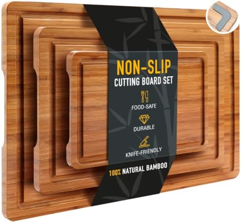 3 Pack Non Toxic Bamboo Cutting Board Set for Kitchen with Non Slip
