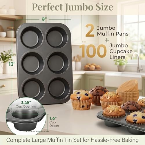 Jumbo Muffin Pan 2 Pack, Extra Large Muffin Tin 6 Cup Includes 100