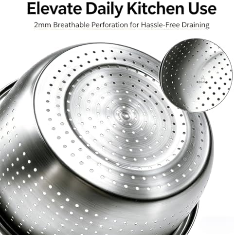 4-Piece Stainless Steel Mixing Bowls and Microporous Colanders Set, 3QT & 5QT Nesting Bowls with Fine Drain Strainers for Washing Rice, Fruits, Vegetables, Pasta, and More