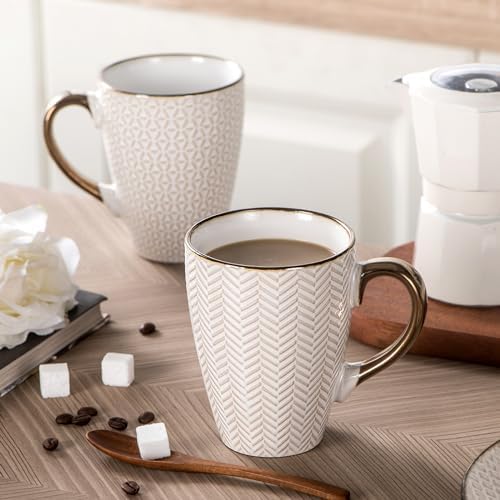 Ceramic Coffee Mug Set - 16 Oz Large Coffee Mugs - Embossed Stoneware