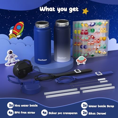 Gonfoam 16oz Kids Water Bottle, 2 Pack Stainless Steel Insulated Cup