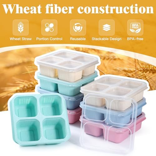 8 Pack Wheat Straw Snack Containers, 4-Compartment Reusable Bento Box