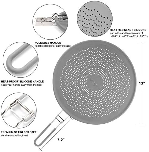 13” Silicone Splatter Screen Pan Cover with Folding Handle, Heat
