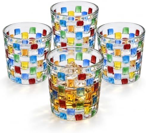 Set of 4 Colorful Hand Painted Whiskey Glasses, 10oz Rocks Glasses