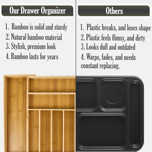 9-Slots Bamboo Drawer Organizers for Kitchen, Expandable Silverware