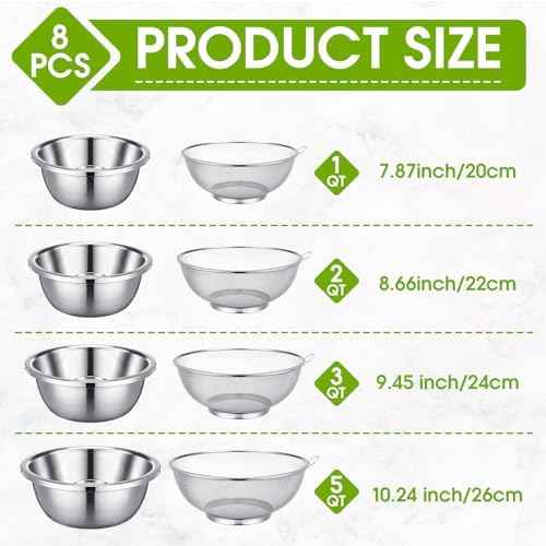 8 Pcs Stainless Steel Microporous Colander Set with 1.2qt 2qt 3qt 5qt Capacity Strainer with Metal Mixing Bowls, Fruit Cleaning Bowl with Strainer for Draining Pasta Vegetables Meat Kitchen