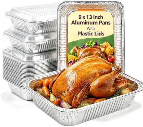 9x13 Inch Aluminum Pans with Clear Lids [25 Sets] Half Size Disposable